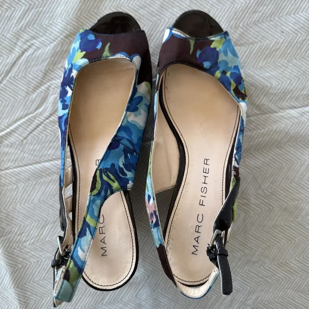 Marc Fisher Shoes Wedges‎ Peep Toe Heels Floral Cork Womens 6.5